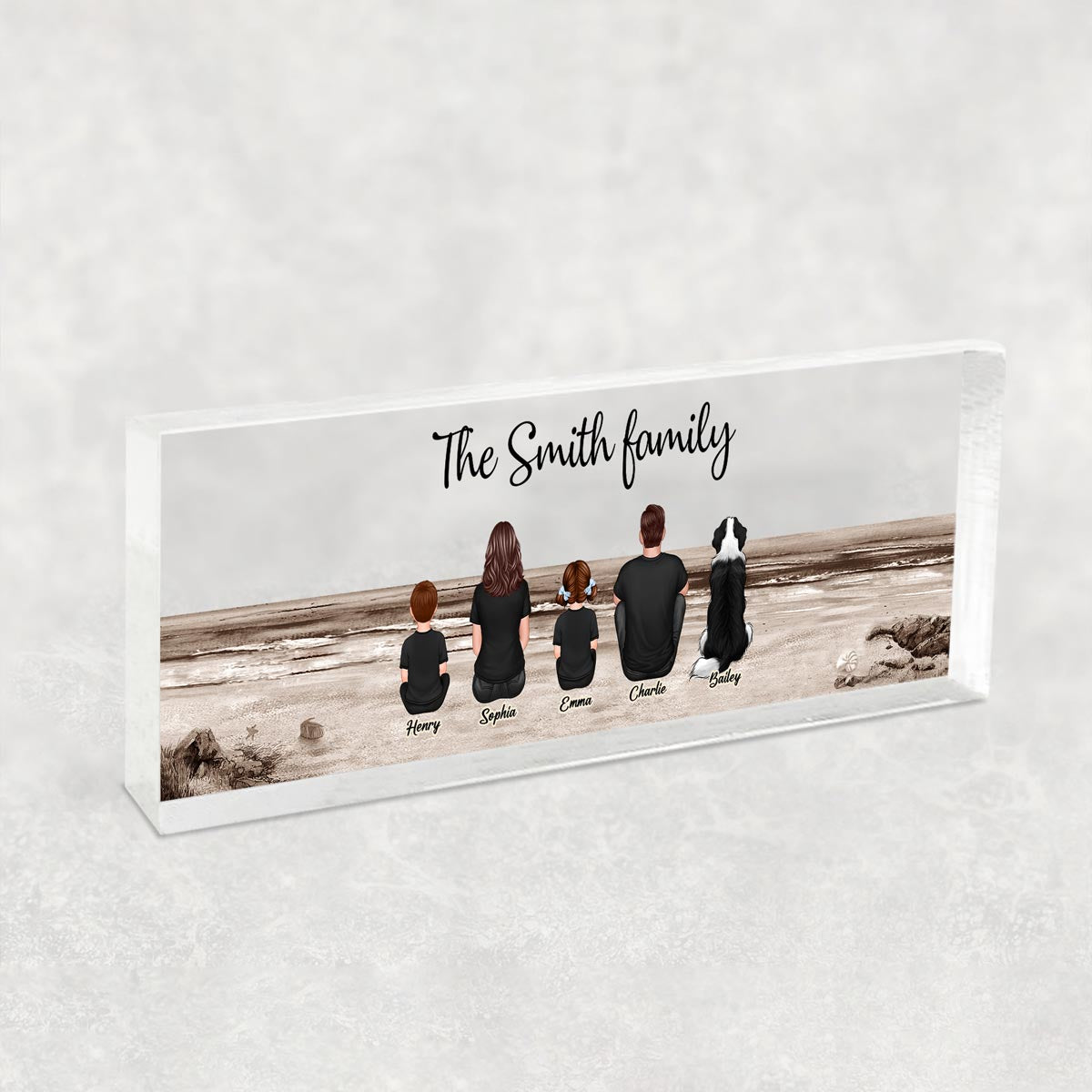 Family Sitting Back View Retro Vintage Beach Personalized Acrylic Desk Name Plate