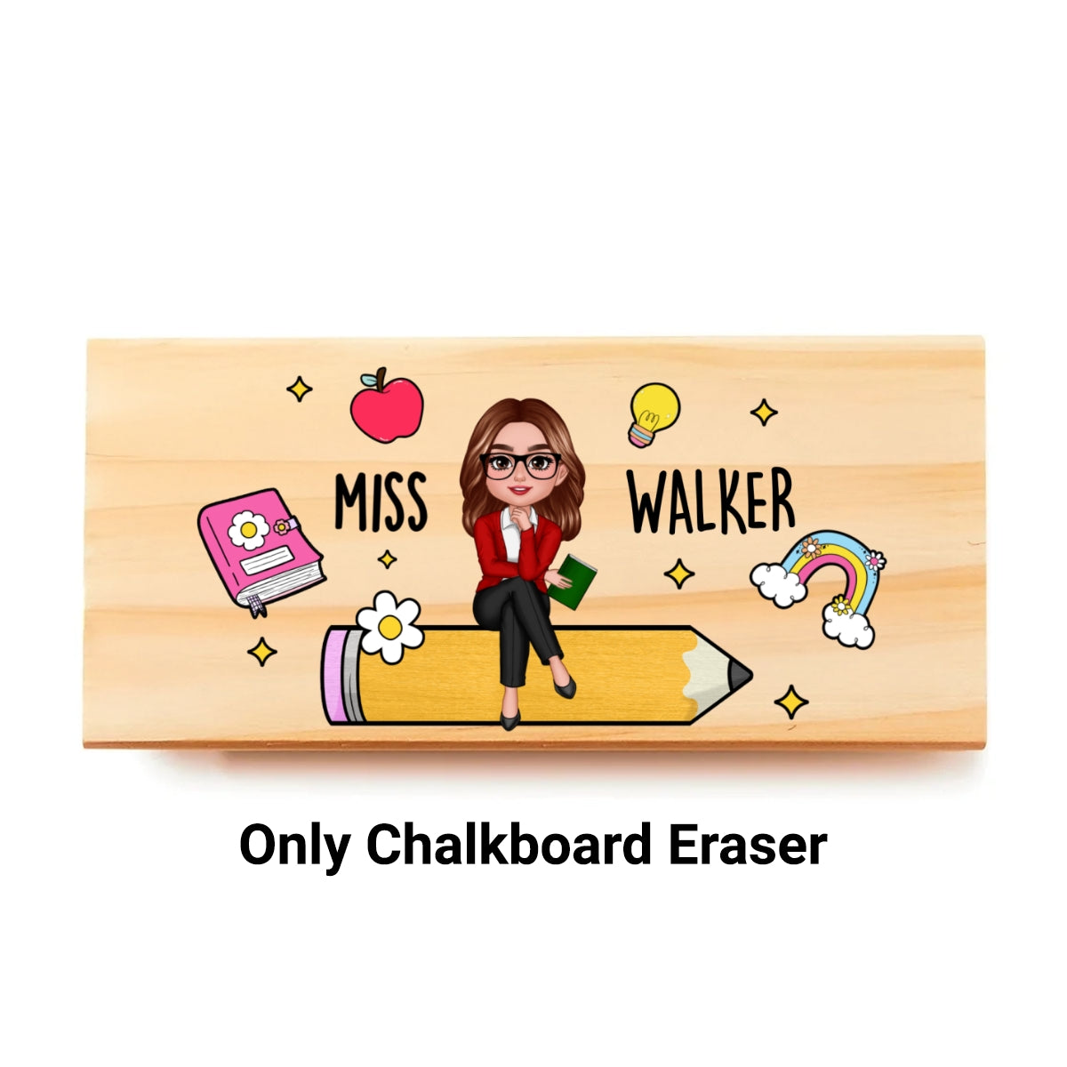 Teacher Sitting on Pencil Personalized Teacher Whiteboard Eraser, Custom Teacher Appreciation Gifts, Chalkboard Eraser with Marker