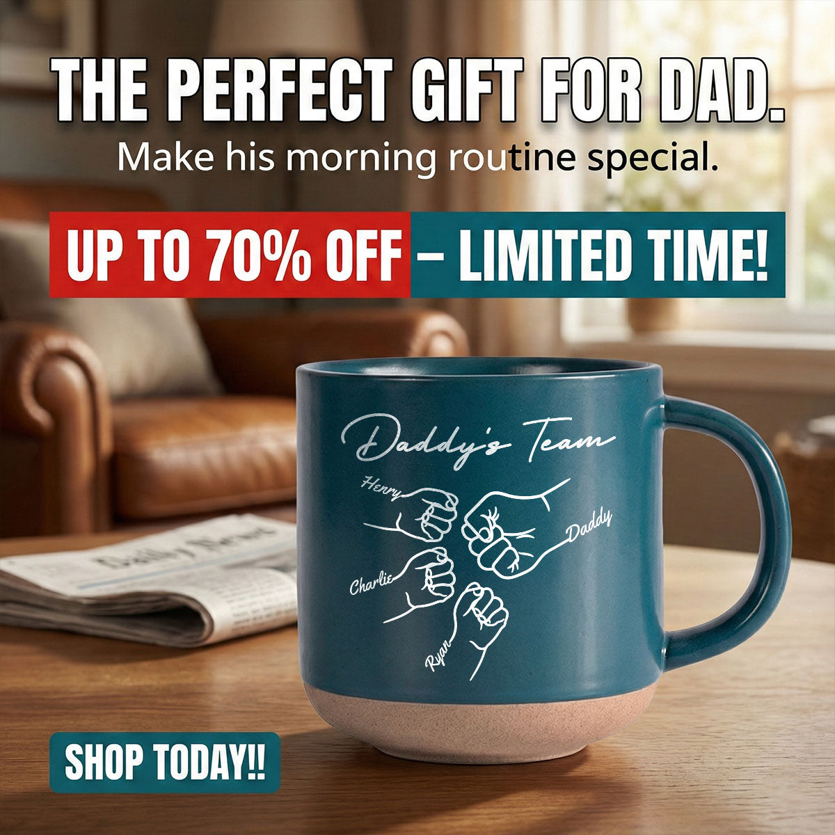 Daddy's Team Fist Bump - Personalized Pottery Mug - Gift For Dad