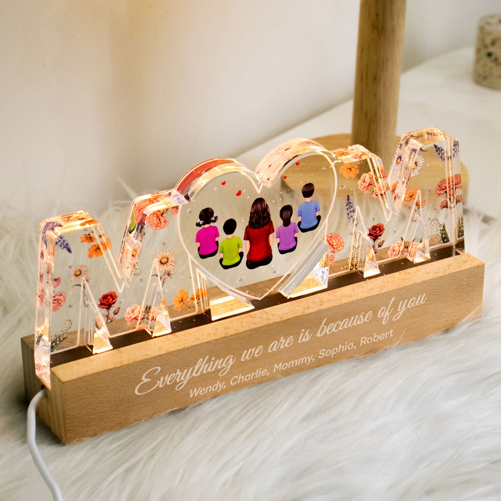 Mom Everything I Am Is Because Of You - Personalized Acrylic Block Plaque LED Night Light - Gift for Mom, Gift for Grandma, Gift for Wife