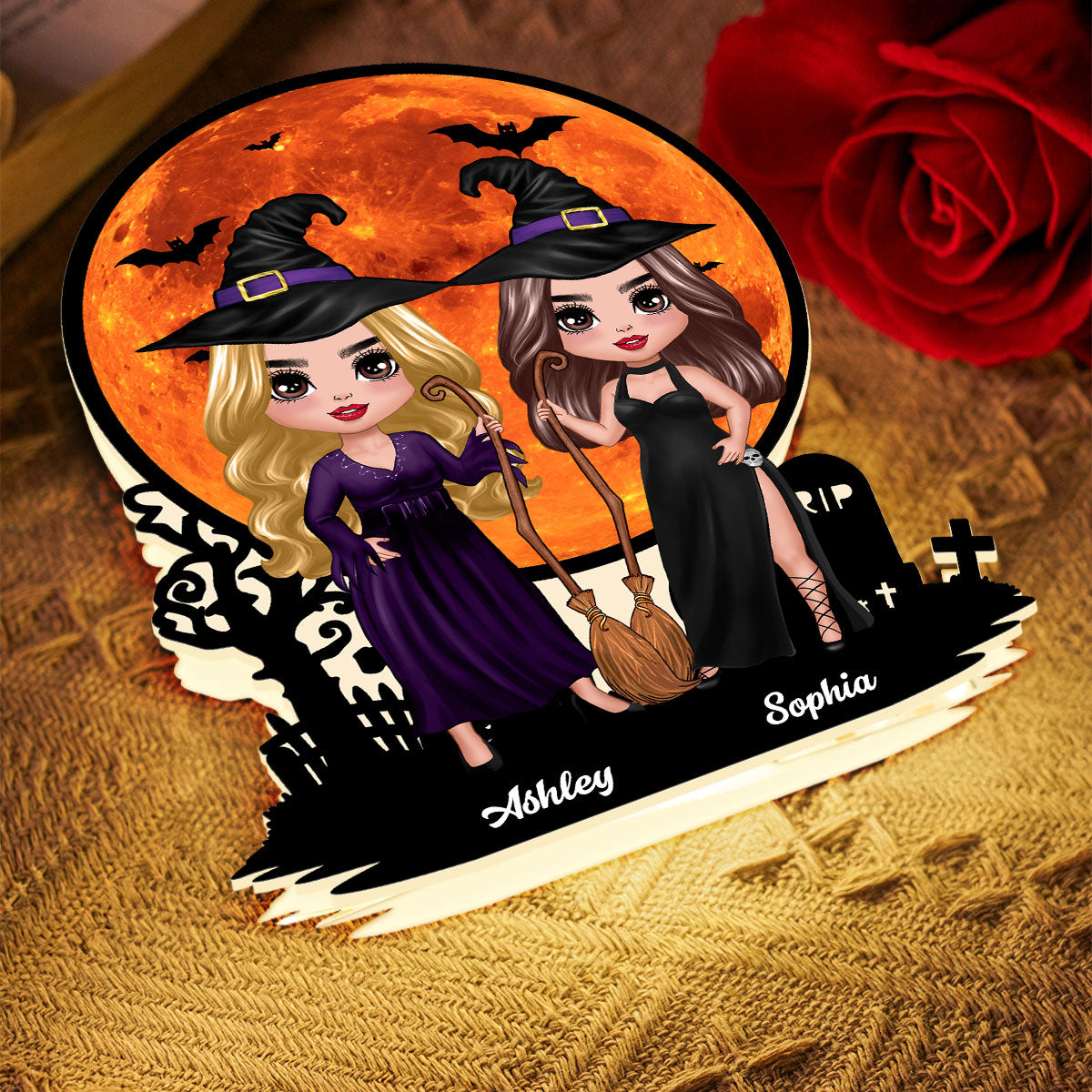 Witch Besties Under Halloween Moon Tabletop Wicca Pagan Decor Personalized Light Box, Halloween Decor