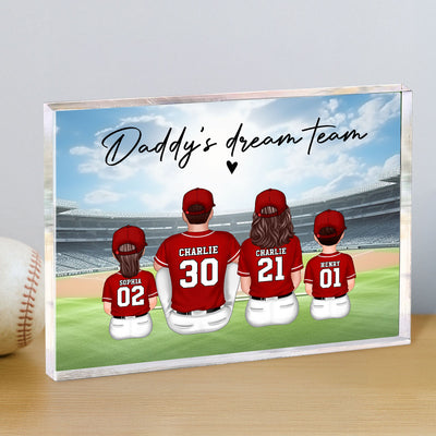 Daddy's Team Baseball Family Sitting Personalized Acrylic Block, Unique Father's Day Gift for Dad, Gift for Husband
