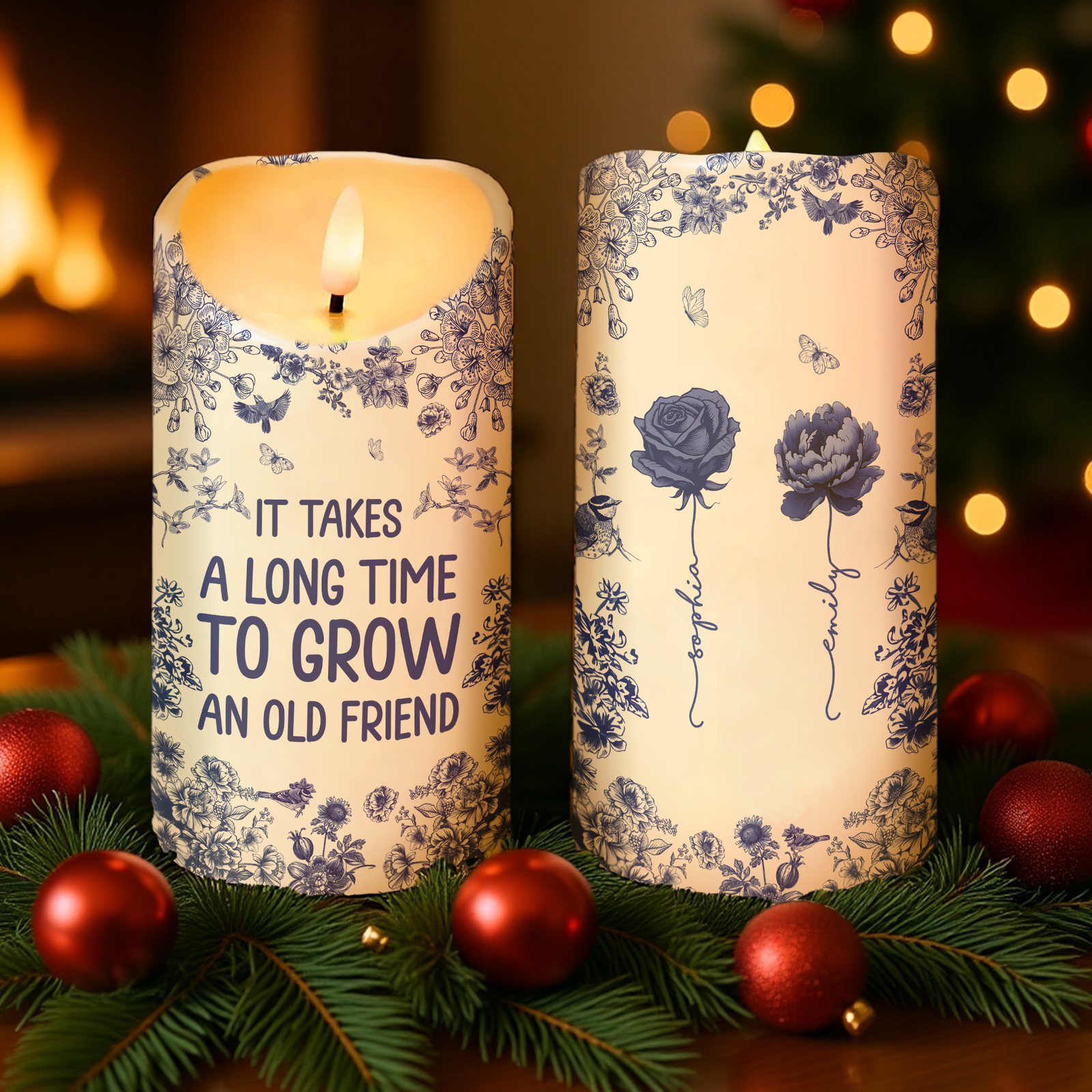Chinoiserie Besties It Takes A Long Time To Grow Old Friends Personalized LED Candle