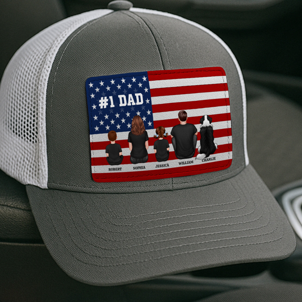 Nation Flag Dad And Kids Sitting Personalized Leather Patch Hat, Gift For Dad
