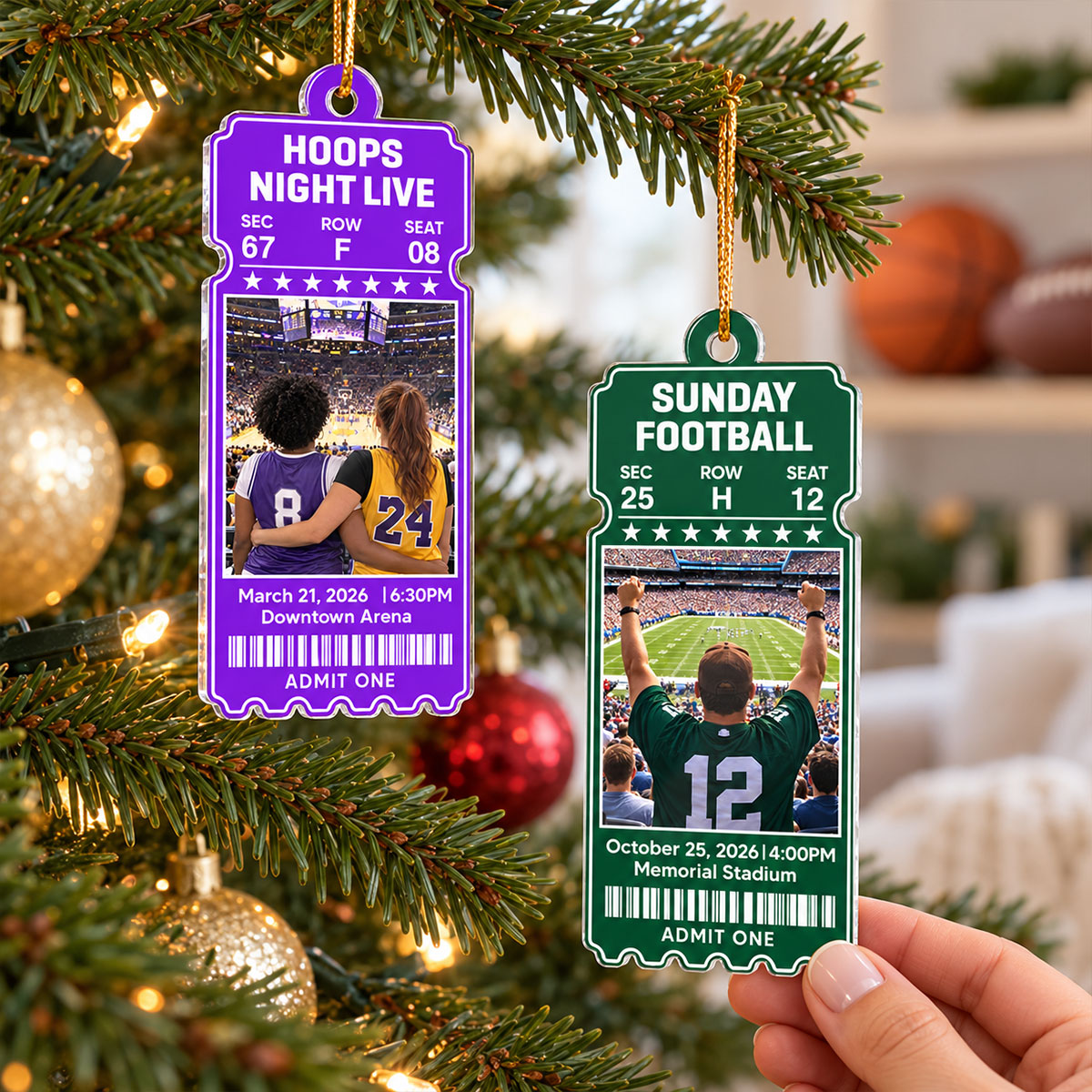 Custom Sports Ticket - Personalized Acrylic Ornament - Game Day Keepsake Stadium Memory, Christmas Gift for Him, for Her