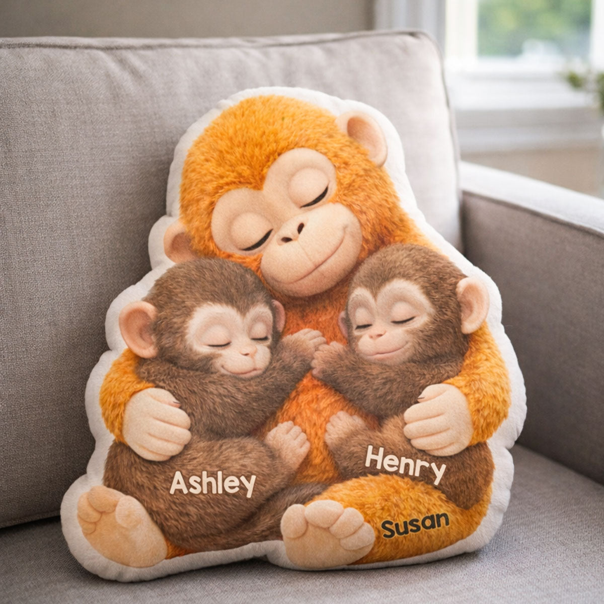 Mother Monkey & Children, Baby Monkey Punch - Personalized Faux Fur Custom Shaped Pillow - Heartfelt Mother's Day Gift for Mom, Wife