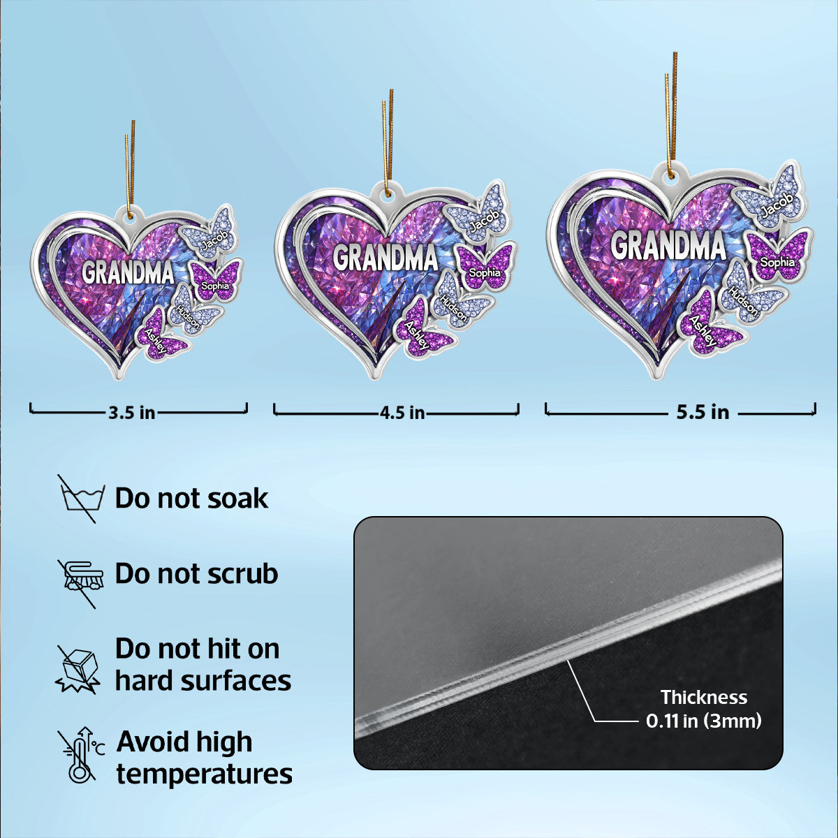 Grandma Butterfly with Grandkids Names 3D Crystal Effect - Personalized Acrylic Ornament - Christmas Gift for Grandma