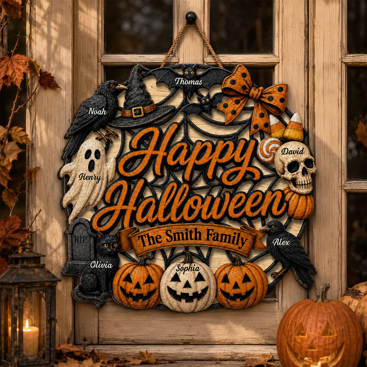 Halloween Wreath Ghost Pumpkin - Personalized Wood Sign - Happy Halloween Sign for Porch Window Door