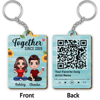 Blue Wood Doll Couple Sitting Favorite Song QR Code Personalized Wooden Keychain
