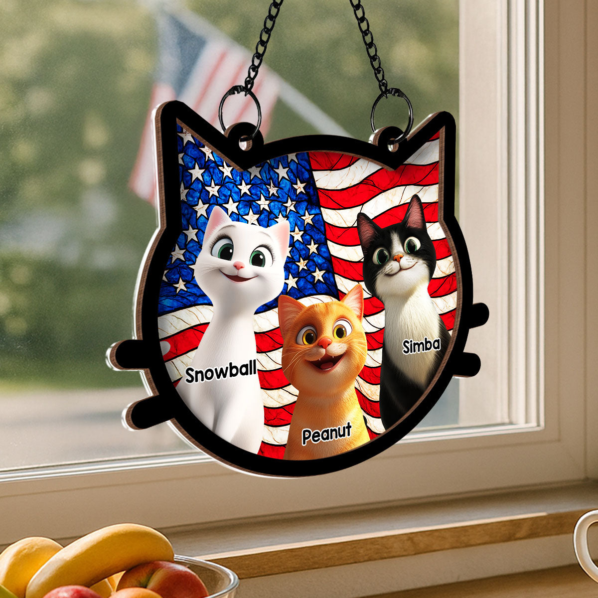 Cat Face Shape Nation Flag Personalized Suncatcher, 4th Of July Decoration