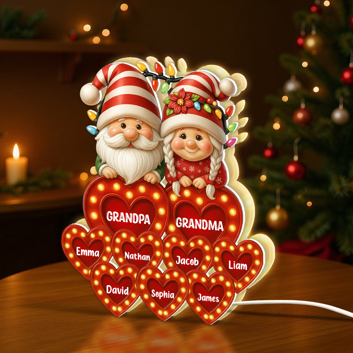 Holiday Gnomes Grandparents Grandkids Names Personalized Light Box, Christmas Decor for Grandma, Grandpa