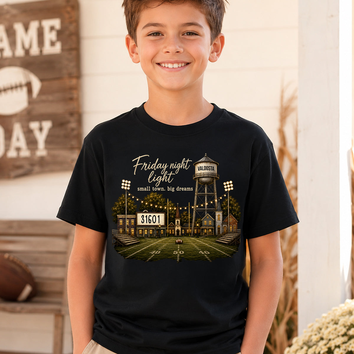 Football Friday Night Light Small Town Big Dreams - Personalized Shirt - Custom Town Name & Zip Code