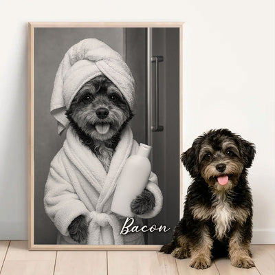Custom Pet Portrait from Photo, Funny Bathroom Dog Reading Newspaper on Toilet, Dog Wall Art, Personalized Pet Gift