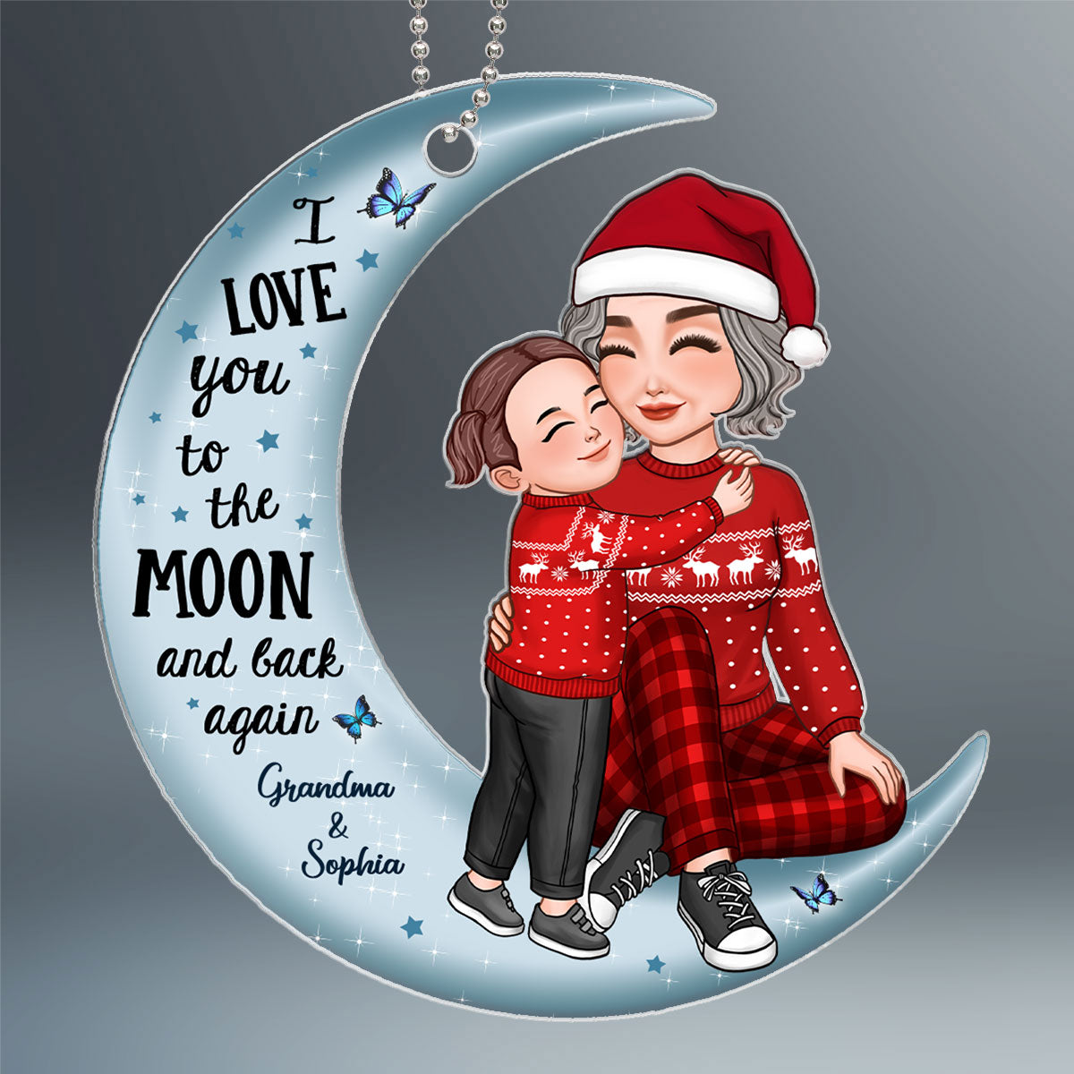 Cute Grandkid Hugging Sitting Grandma On Moon Personalized Acrylic Ornament