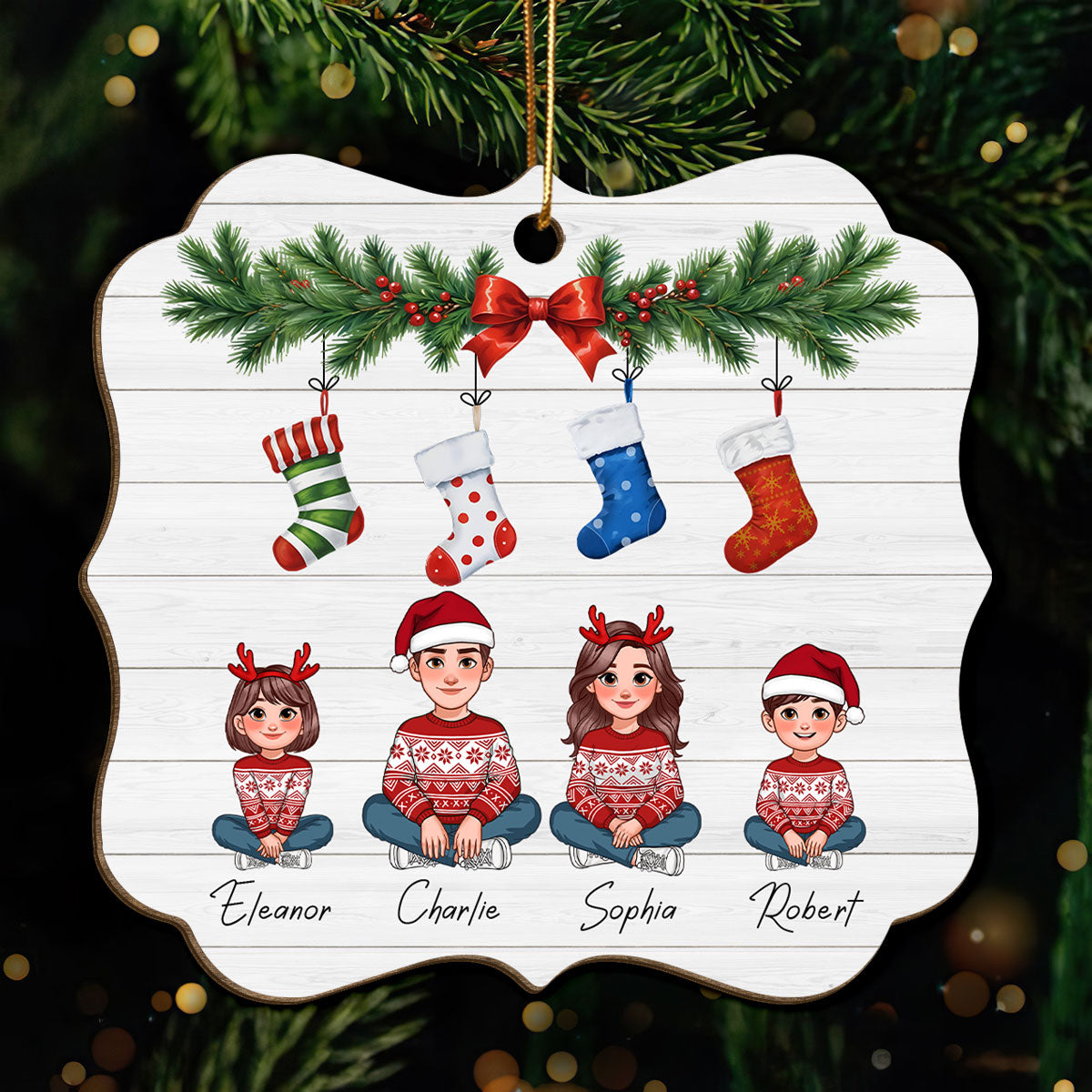 Animated Family Christmas Stockings Personalized Wooden Ornament