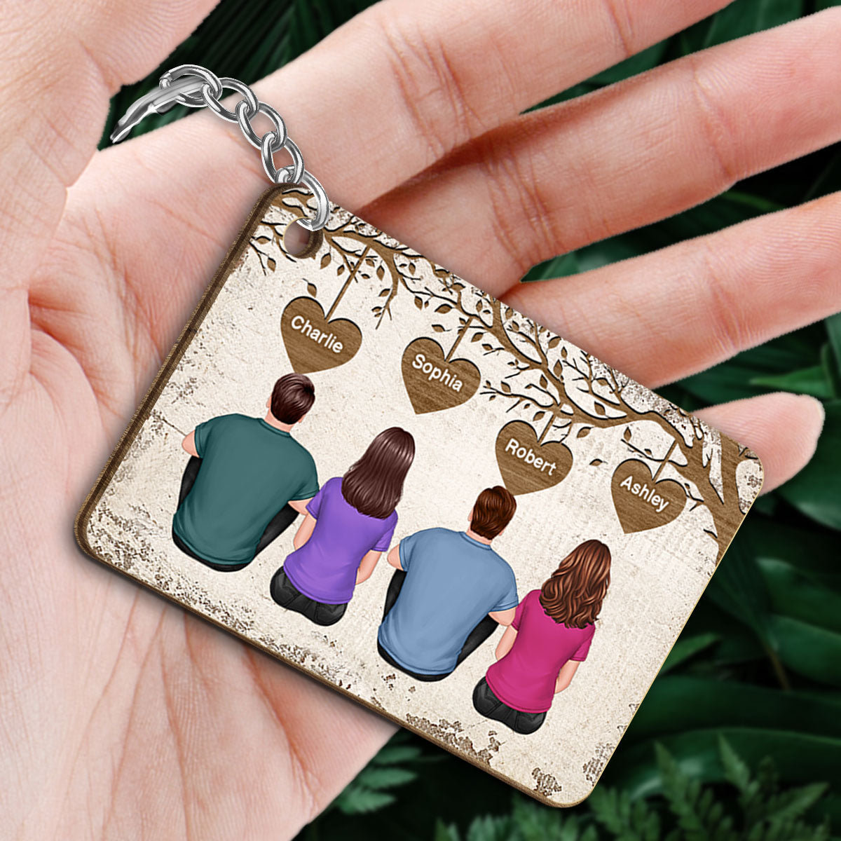 Family Grandma Grandpa Dad Mom Kids Dogs Cats Sitting Under Tree Personalized Wooden Keychain