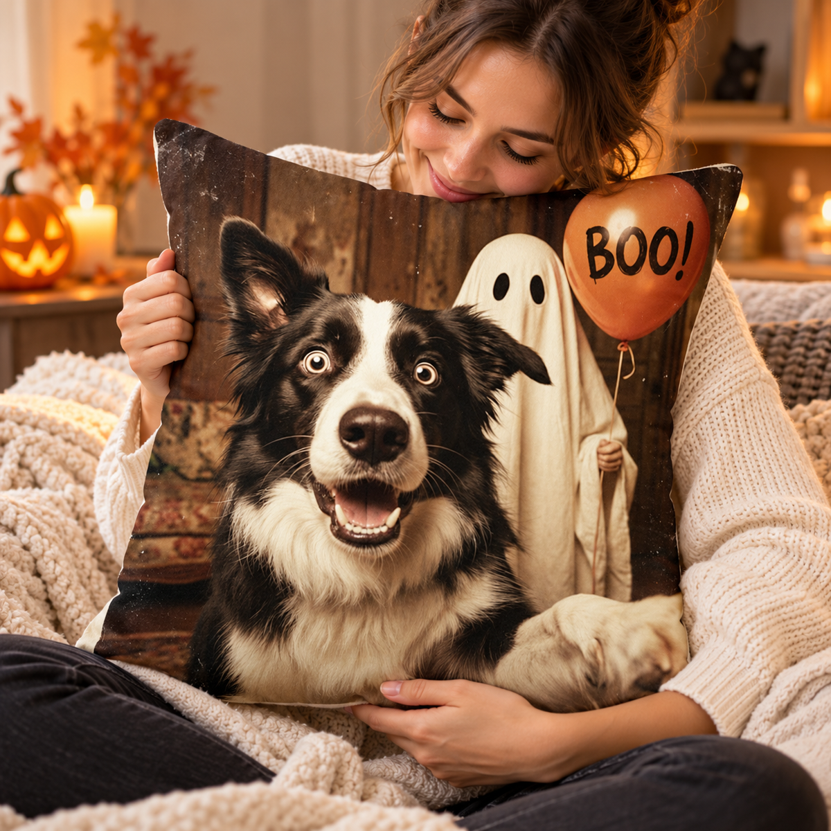 Custom Dog Cat Photo Halloween - Personalized Pillow - Trendy Vintage Spooky Tee for Pet Moms