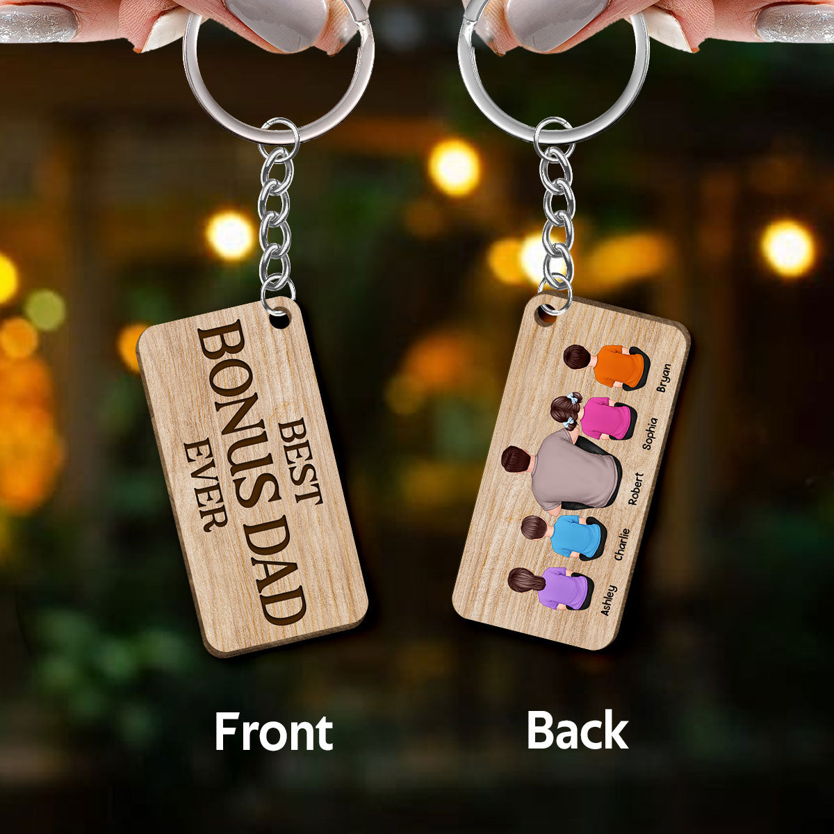 Bonus Dad Back View Man Kids Dog Cat Personalized Wooden Keychain