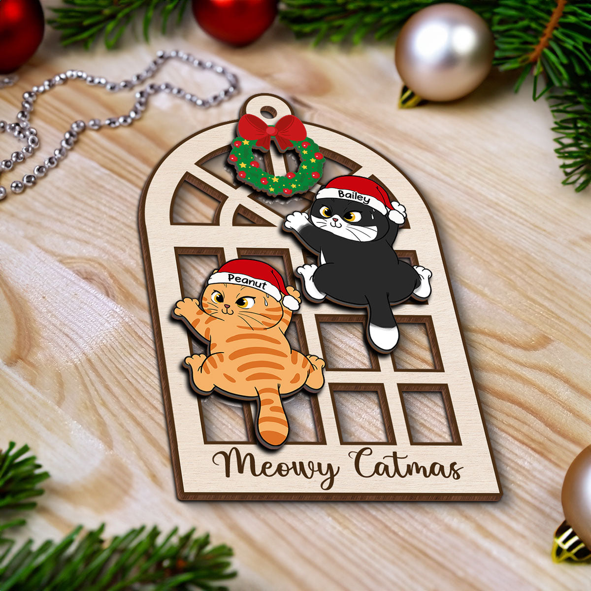 Meowy Catmas Cats Climb Window Personalized 2-Layer Wooden Ornament