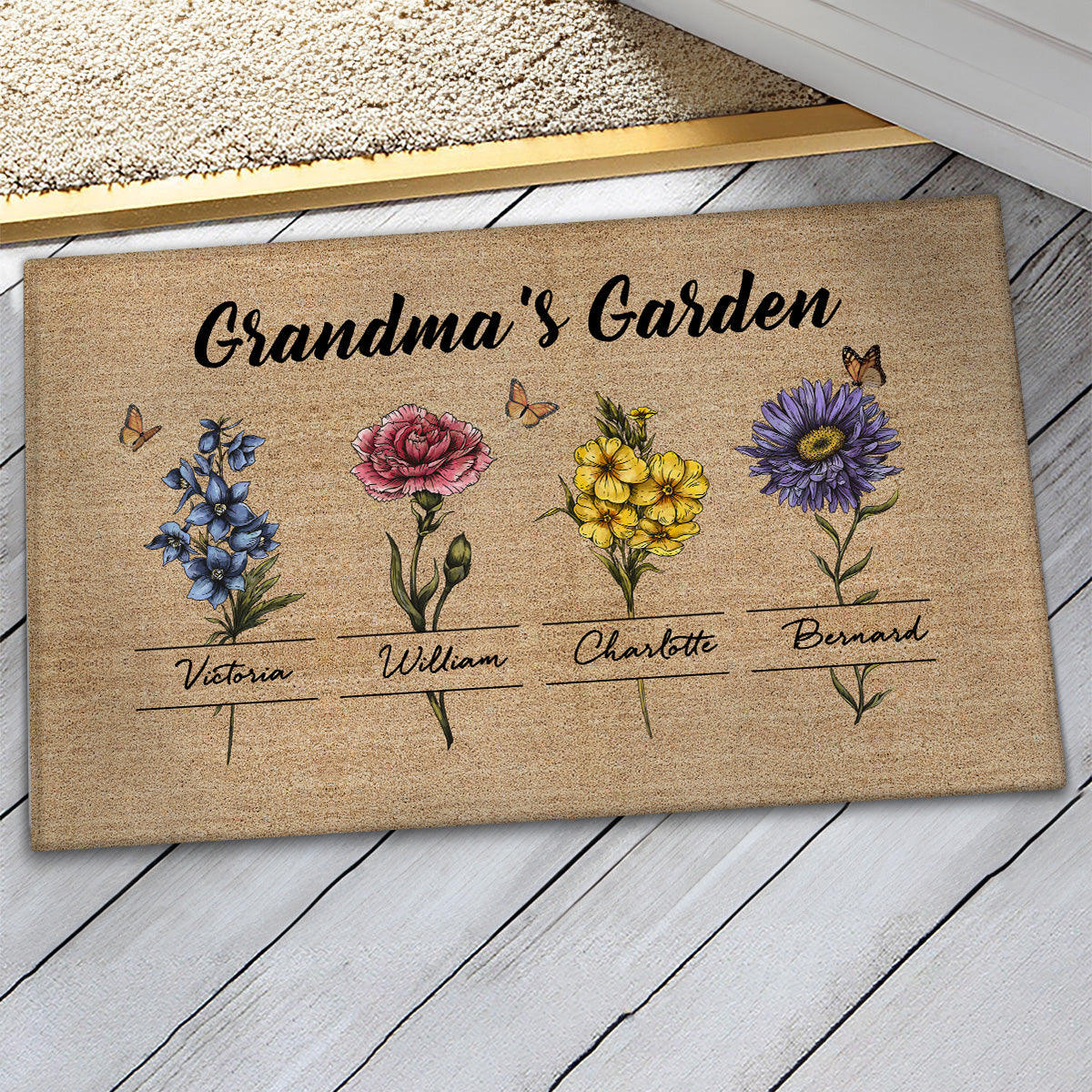 Gift For Grandma Grandma‘s Garden Beautiful Vintage Birth Month Flower With Names Personalized Doormat