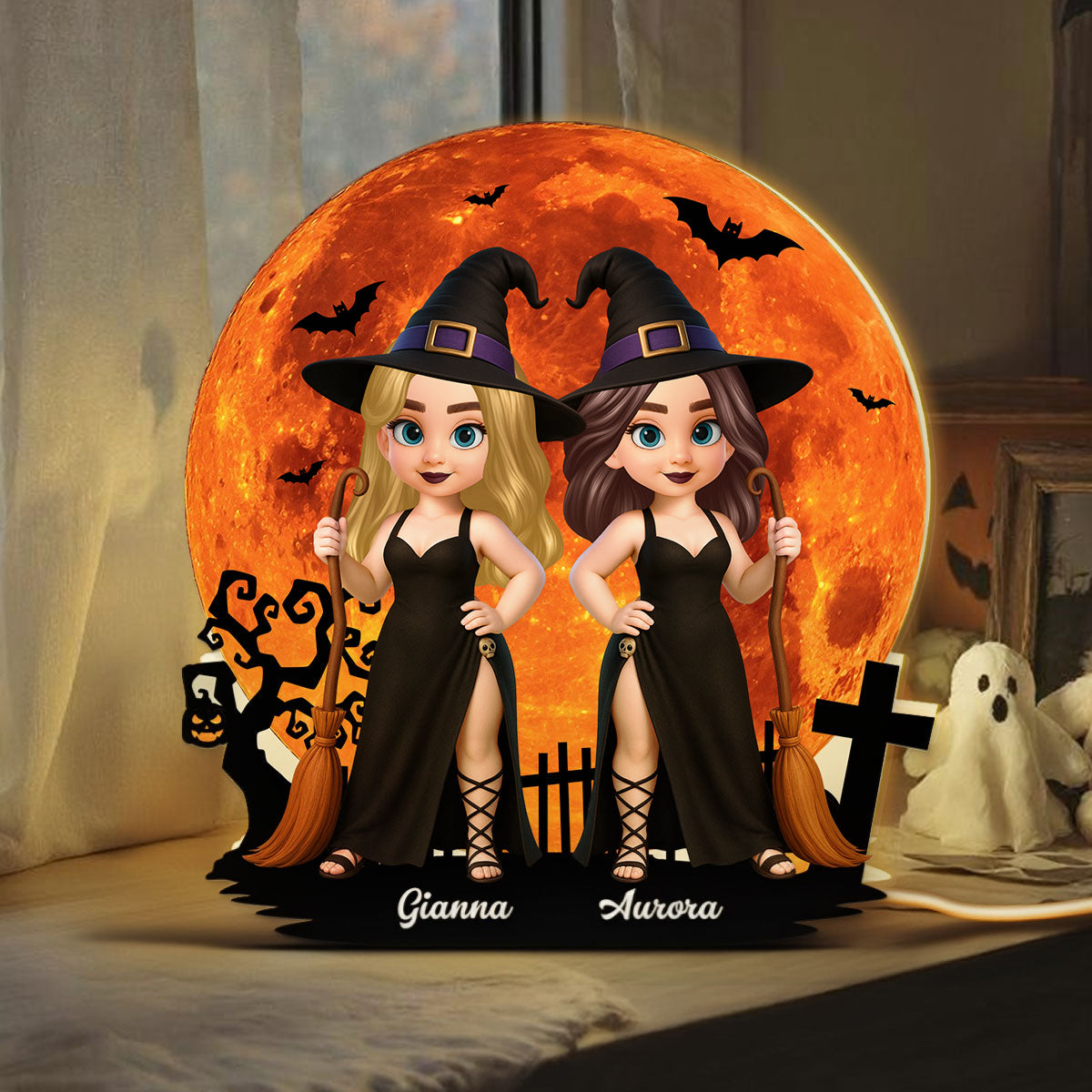 Cartoon Pretty Witch Under Halloween Moon Wicca Pagan Decor Personalized Light Box, Gift For Her