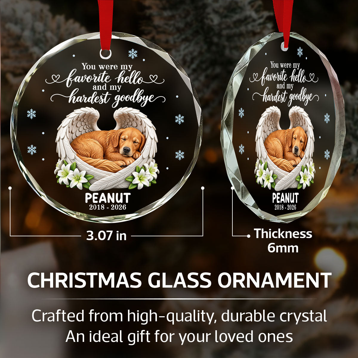 Custom Dog Cat Pet Memorial Angel Wings - Personalized Glass Ornament - Christmas Memorial Ornament For Pet Lovers, Dog Lovers, Cat Lovers