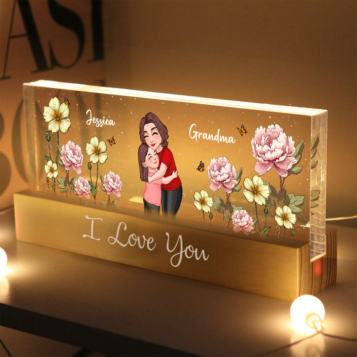 Grandma Hugging Grandkid Birth Month Flower Personalized Acrylic Block LED Night Light, Heartfelt Gift For Grandma, Grandkids