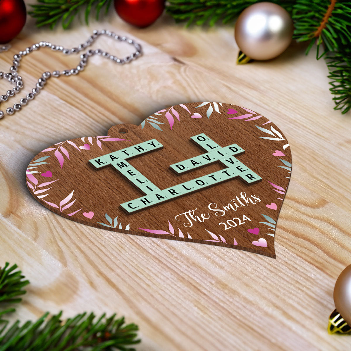 Family Crossword Puzzle Art Personalized Heart Shaped 2-Layered Wooden Ornament, Christmas Gift for Family & Friends