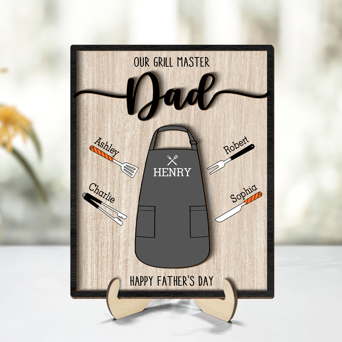 Our Grill Master Apron And Tools With Kids' Names Personalized 2-Layer Wooden Plaque, Father's Day Gift For Husband, For Dad, For Grandpa