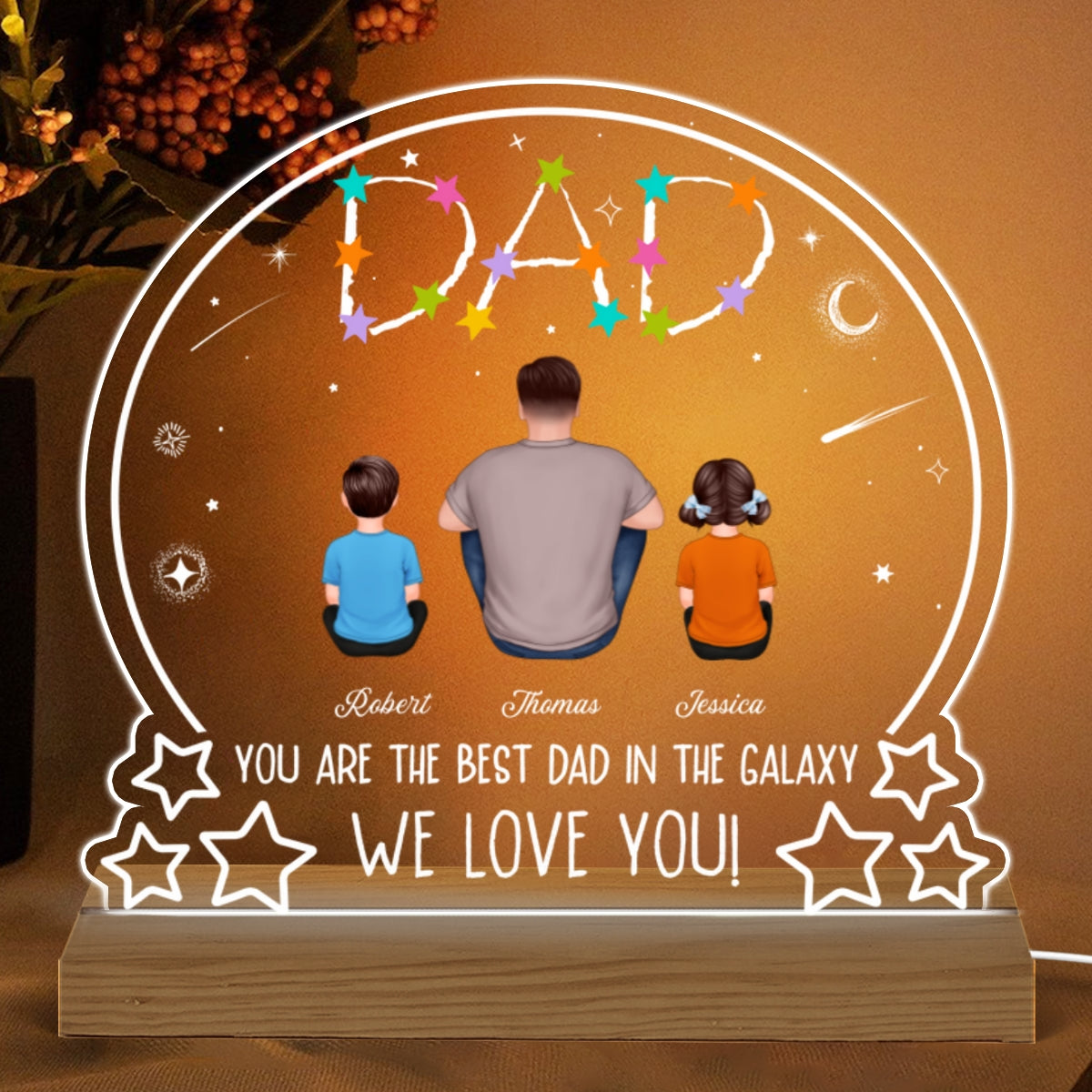 Stars Dad Best Dad In The Galaxy Back View Man Sitting With Kids Dogs Cats Personalized Custom Shape Acrylic Plaque Warm LED Night Light