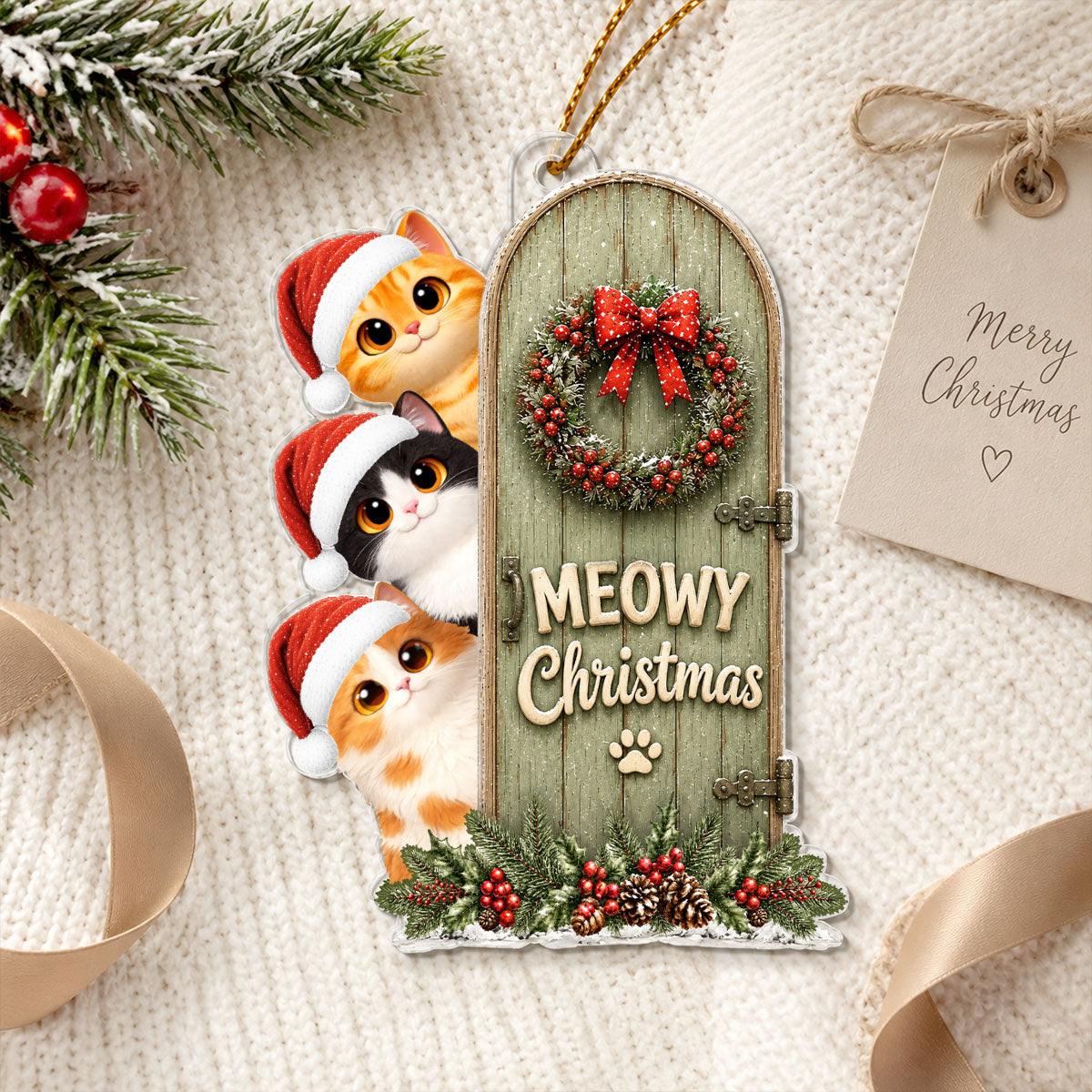 Meowy Christmas Cute Cats Peeking - Personalized Acrylic Ornament - Christmas Gift for Cat Lovers, Farmhouse Decor