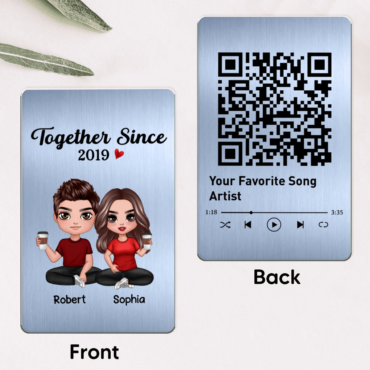Doll Couple Sitting Together Since Favorite Song Scannable QR Code Wallet Keepsake Personalized Metal Wallet Card