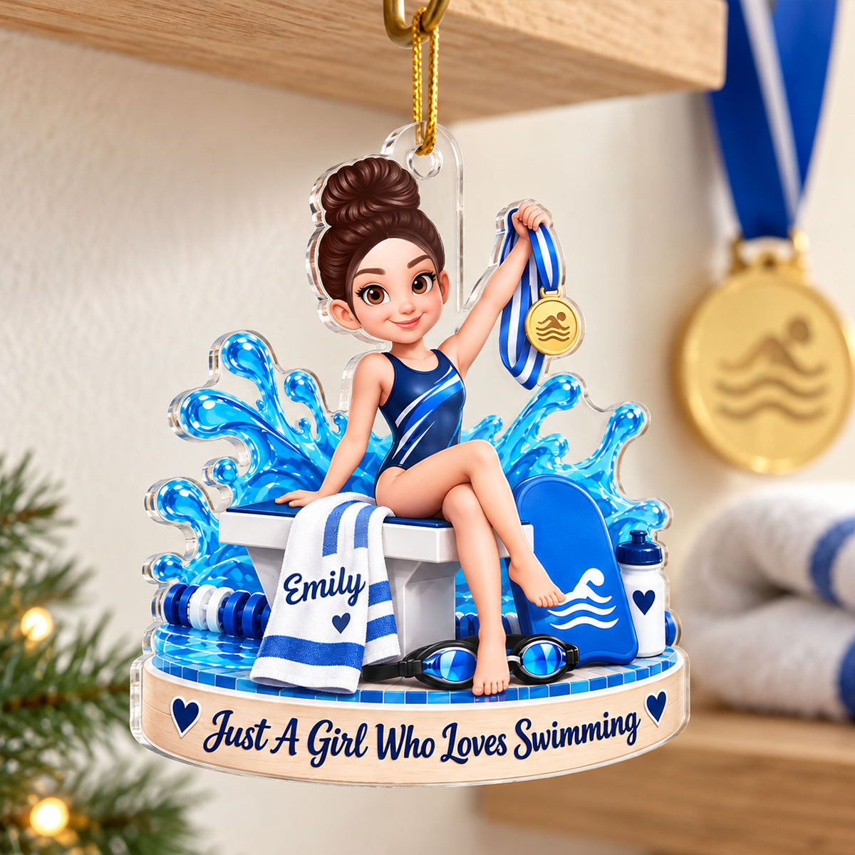 Just a Girl Who Loves Swimming - Personalized Acrylic Ornament - Custom Name Gift for Swimmer, Christmas Swim Team Gift, Female Athlete Keepsake