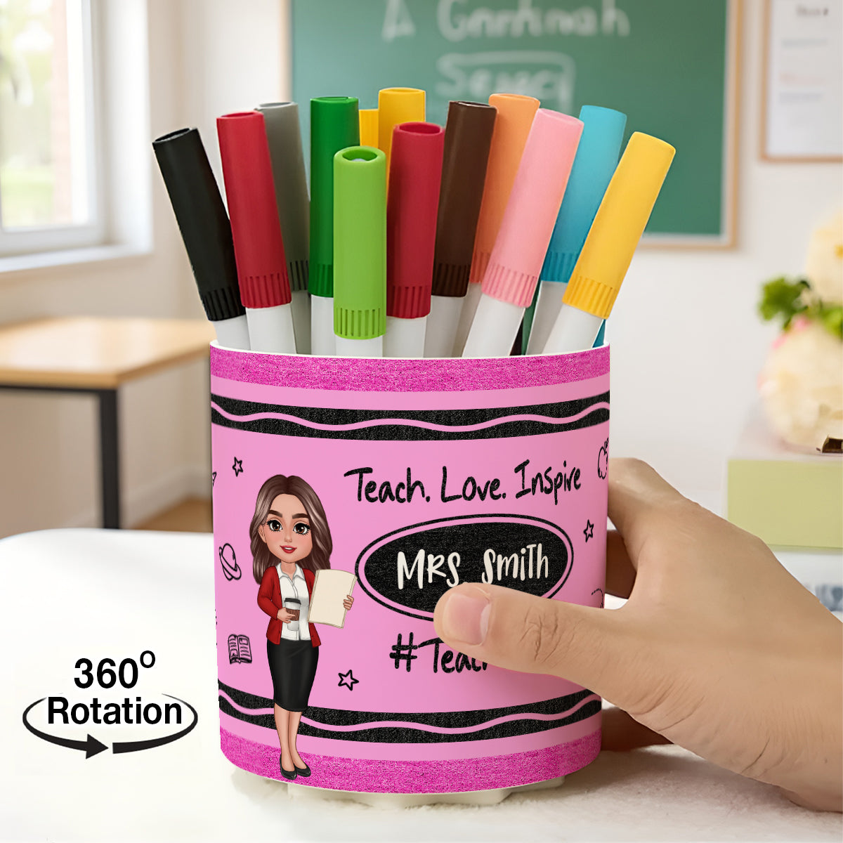 Teacher Crayon Pattern Personalized Rotating Pen Holder, Teacher Appreciation Gift, Back To School Gift