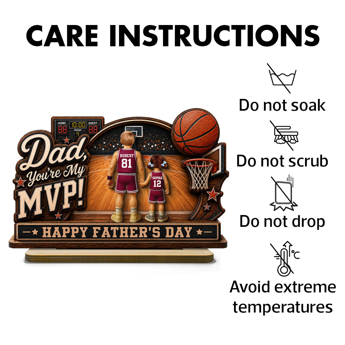 Dad You Are Our MVP Standing Basketball Man & Kids 2D Flat - Personalized 2-Layered Wooden Plaque - Father's Day Gift For Basketball Dad