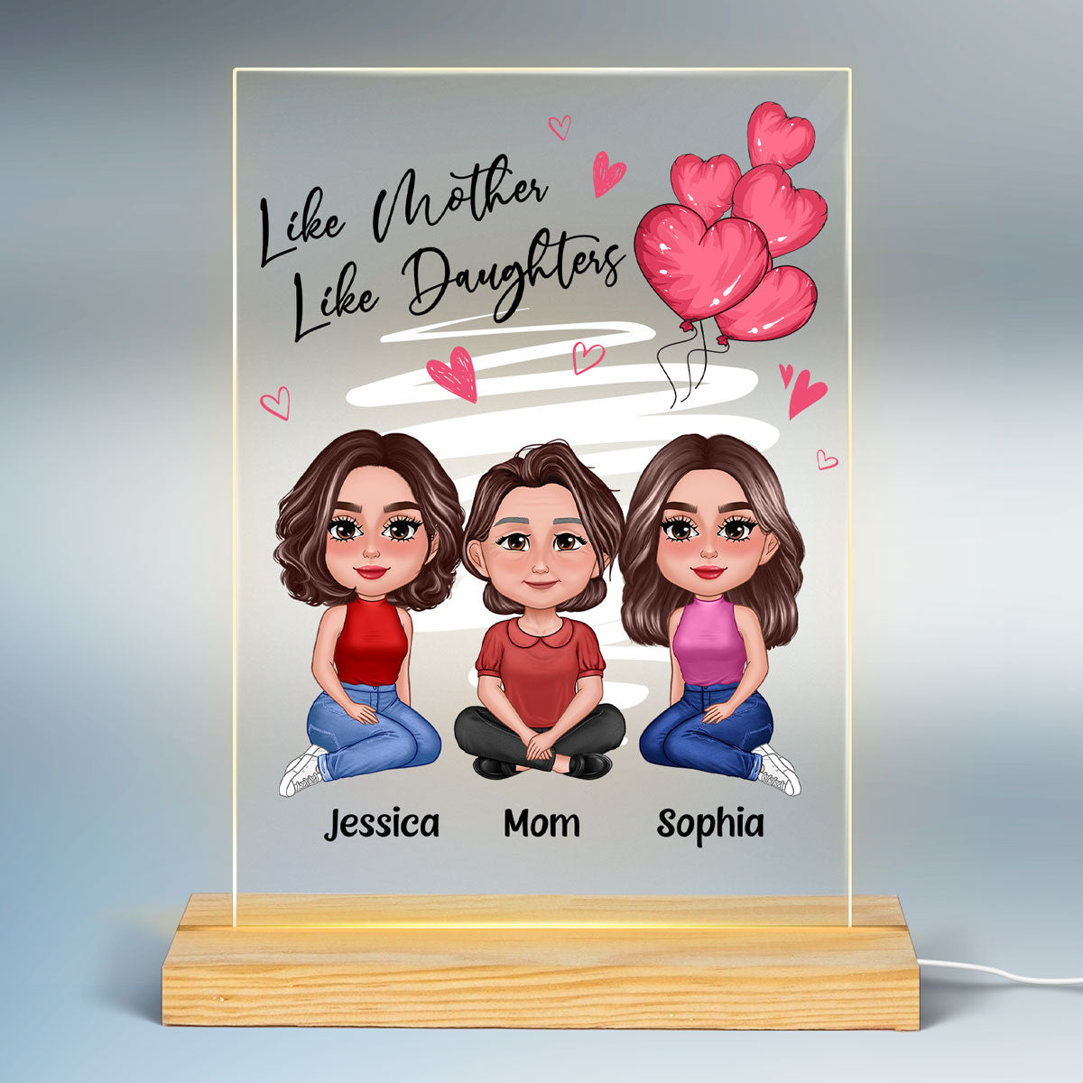 Pink Heart Like Mother Like Daughter Pretty Doll Personalized Acrylic LED Night Light