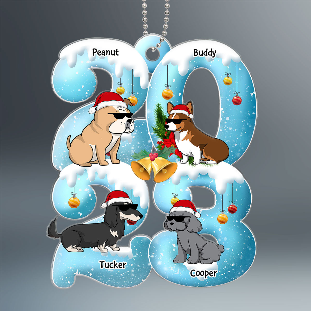 Funny Cartoon Dogs Sitting 2023 Blue Winter Snow Personalized Acrylic Ornament