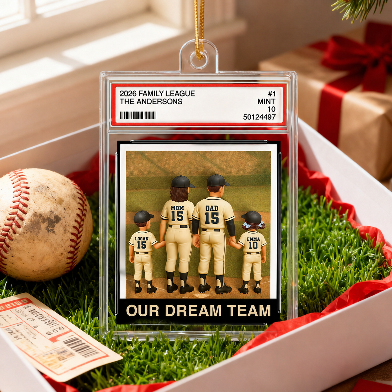 Baseball Family Couple & Kids Trading Card Style - Personalized Acrylic Ornament - Christmas Decor For Baseball Lovers