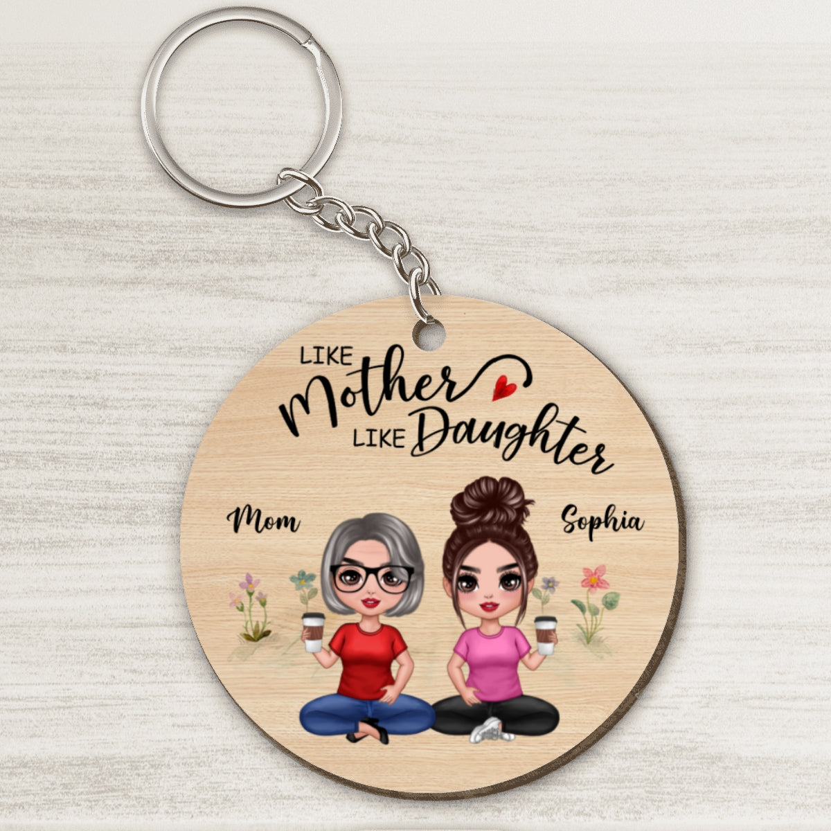 Doll Mother And Daughters Sitting Personalized Wooden Keychain