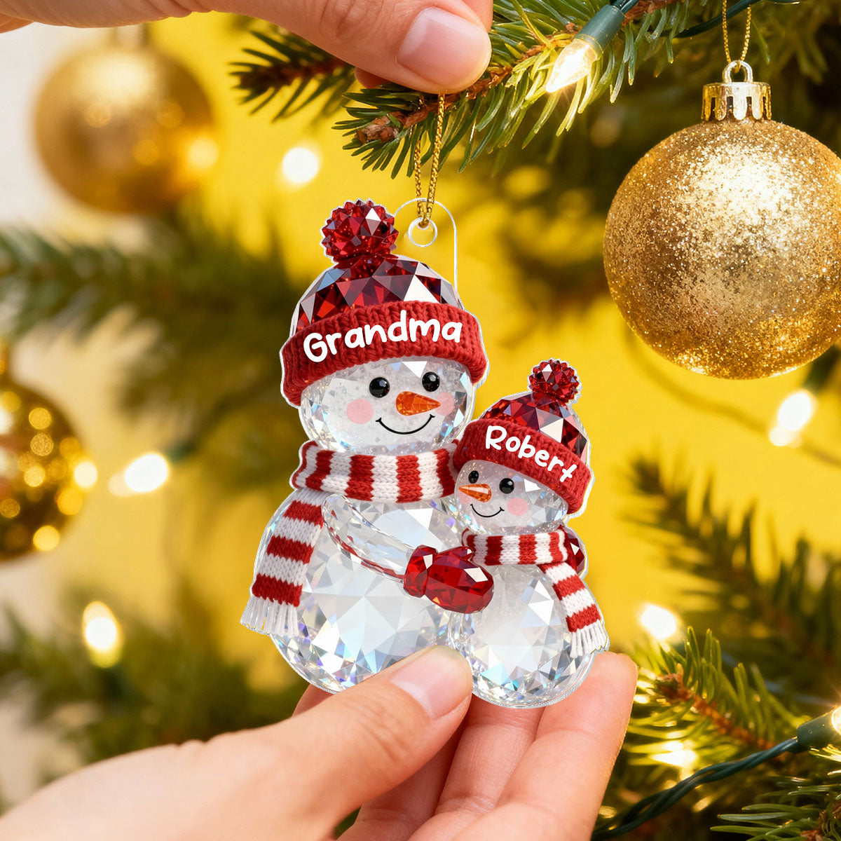 3D Effect Flat Snowman Grandma Hugging Grandkid Christmas - Personalized Acrylic Ornament - Gift For Grandkids