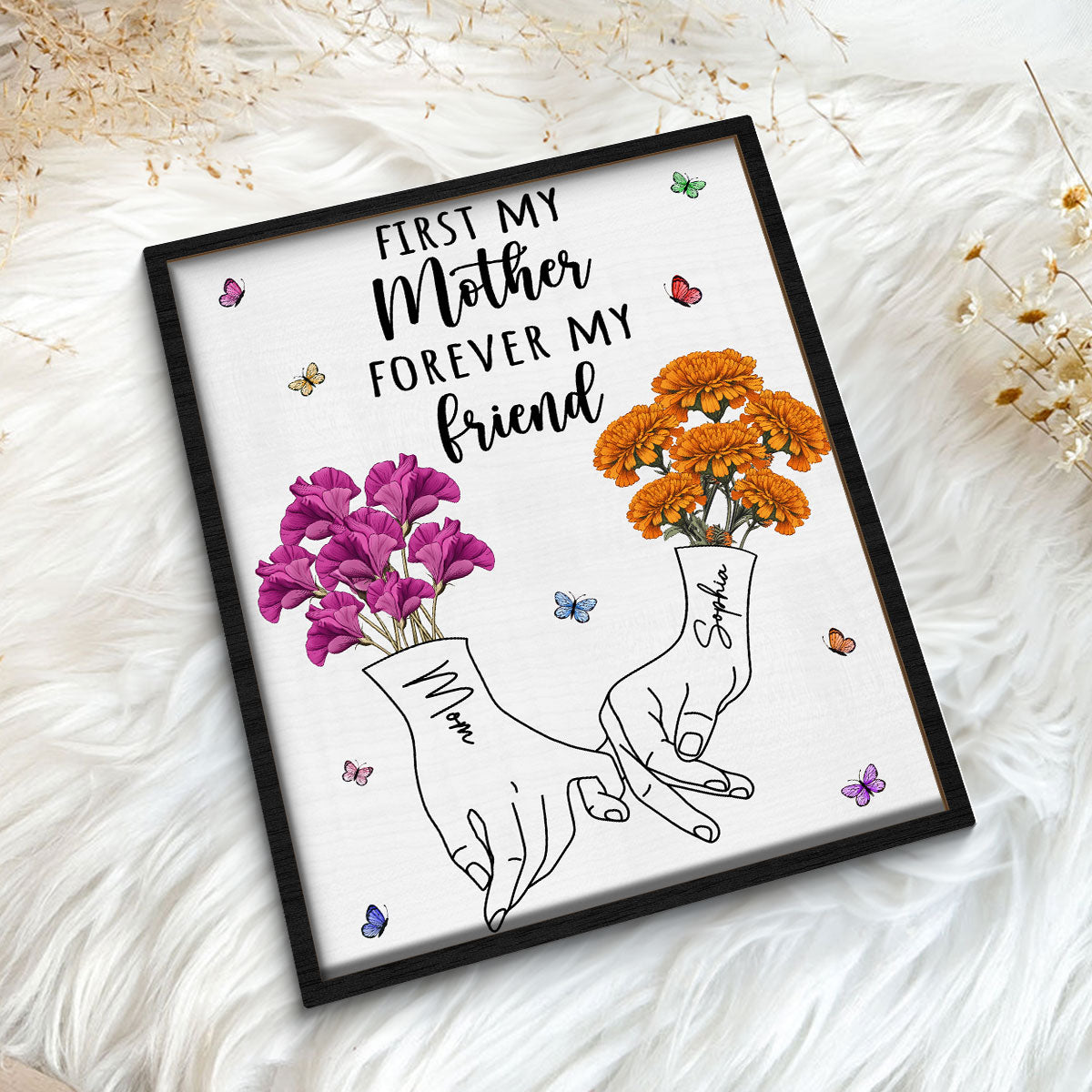 First My Mother Forever My Friend Vintage Birth Month Flowers Gift For Mom 2-Layer Personalized Wooden Plaque