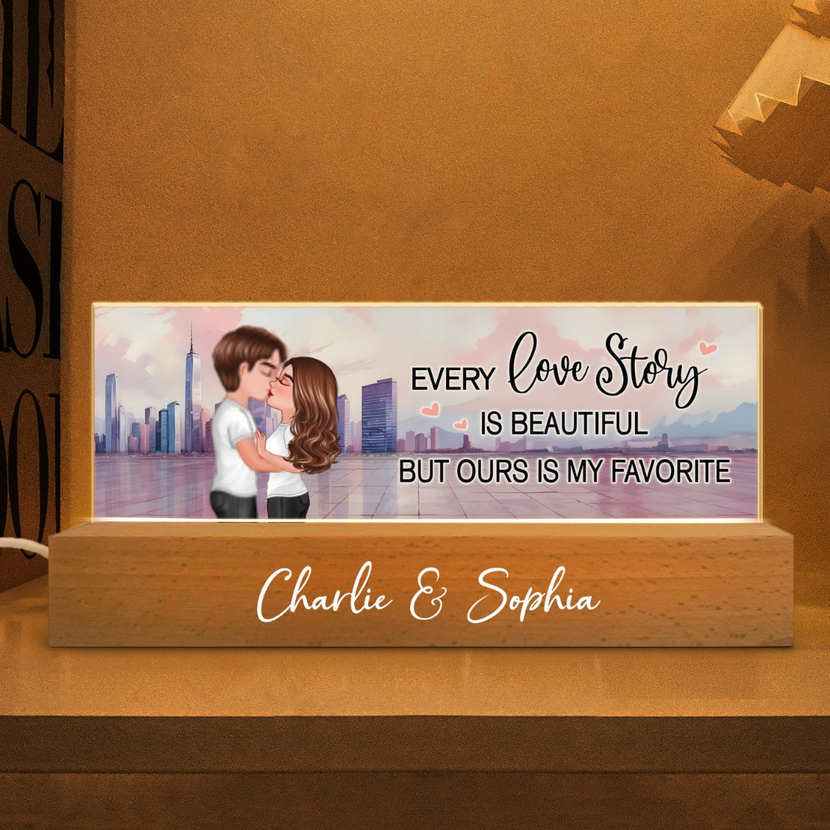 Couple Kissing Skyline Personalized Acrylic Block LED Night Light, Heartfelt Gift For Couple, For Him, For Her