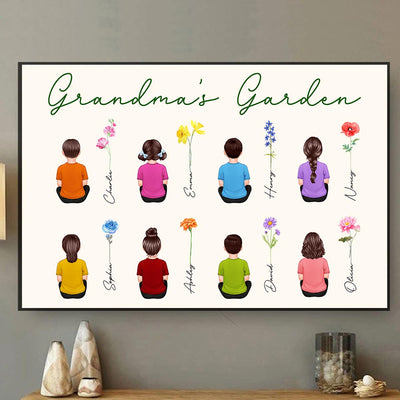 Grandkids Sitting Grandma Garden Watercolor Birth Month Flowers Mother‘s Day Gift Personalized Horizontal Poster