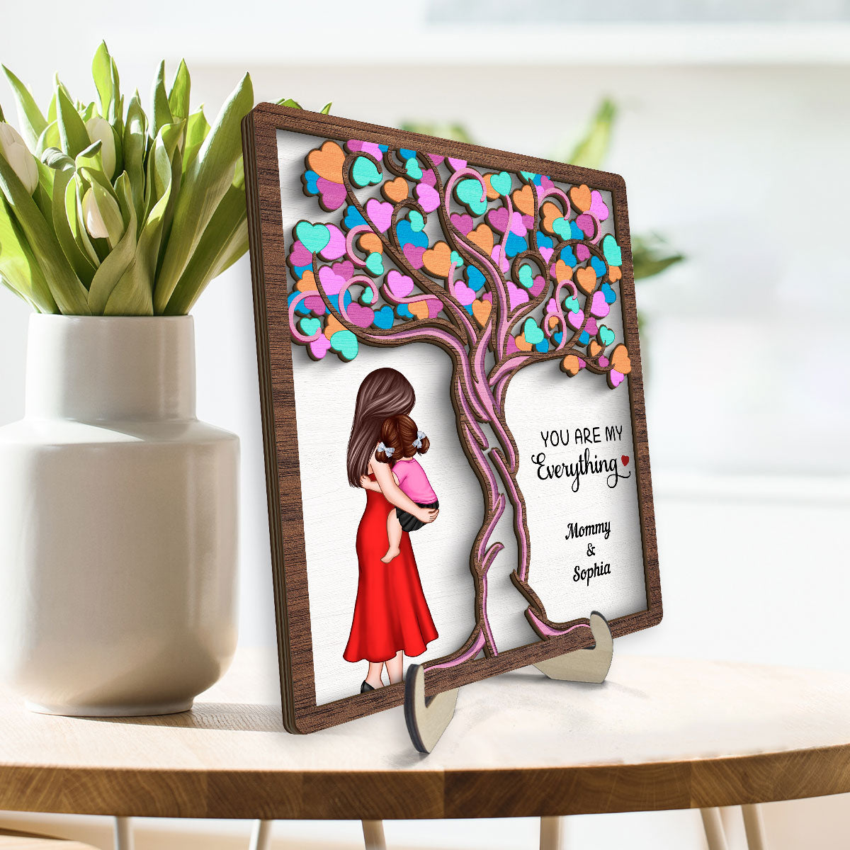 Love Heart Tree Mother Daughter Personalized 2-Layer Wooden Plaque