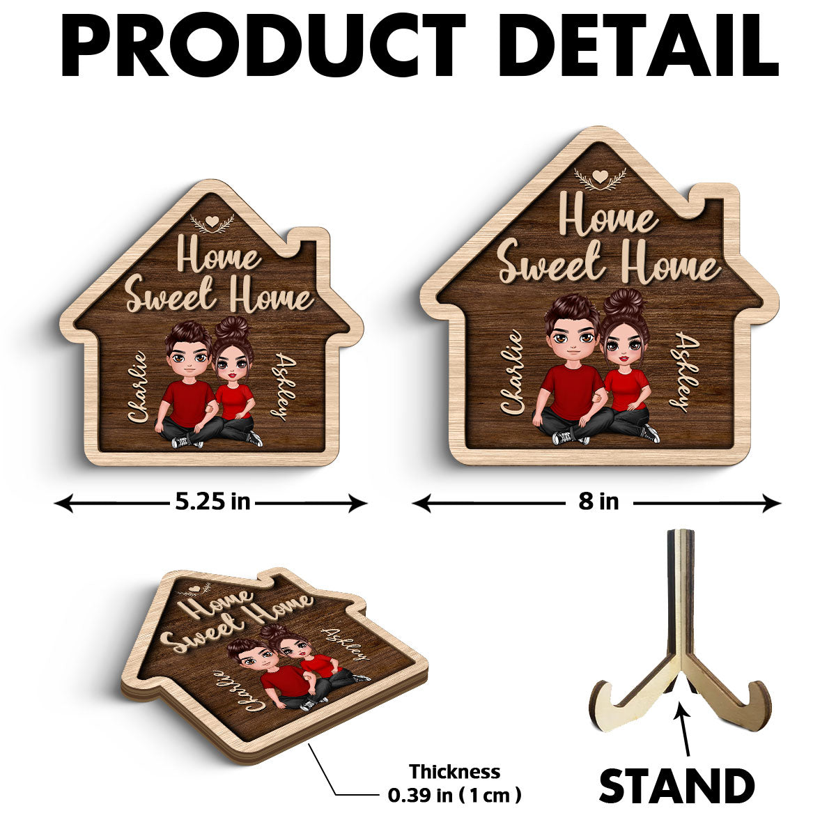 Home Sweet Home Couple Sitting House Shaped Personalized 2-layer Wooden Plaque