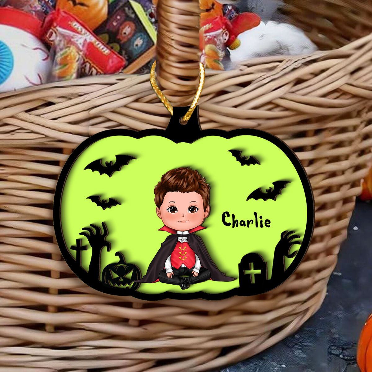 Halloween Kid Costume Personalized 2-Layer Wooden Bucket Tag