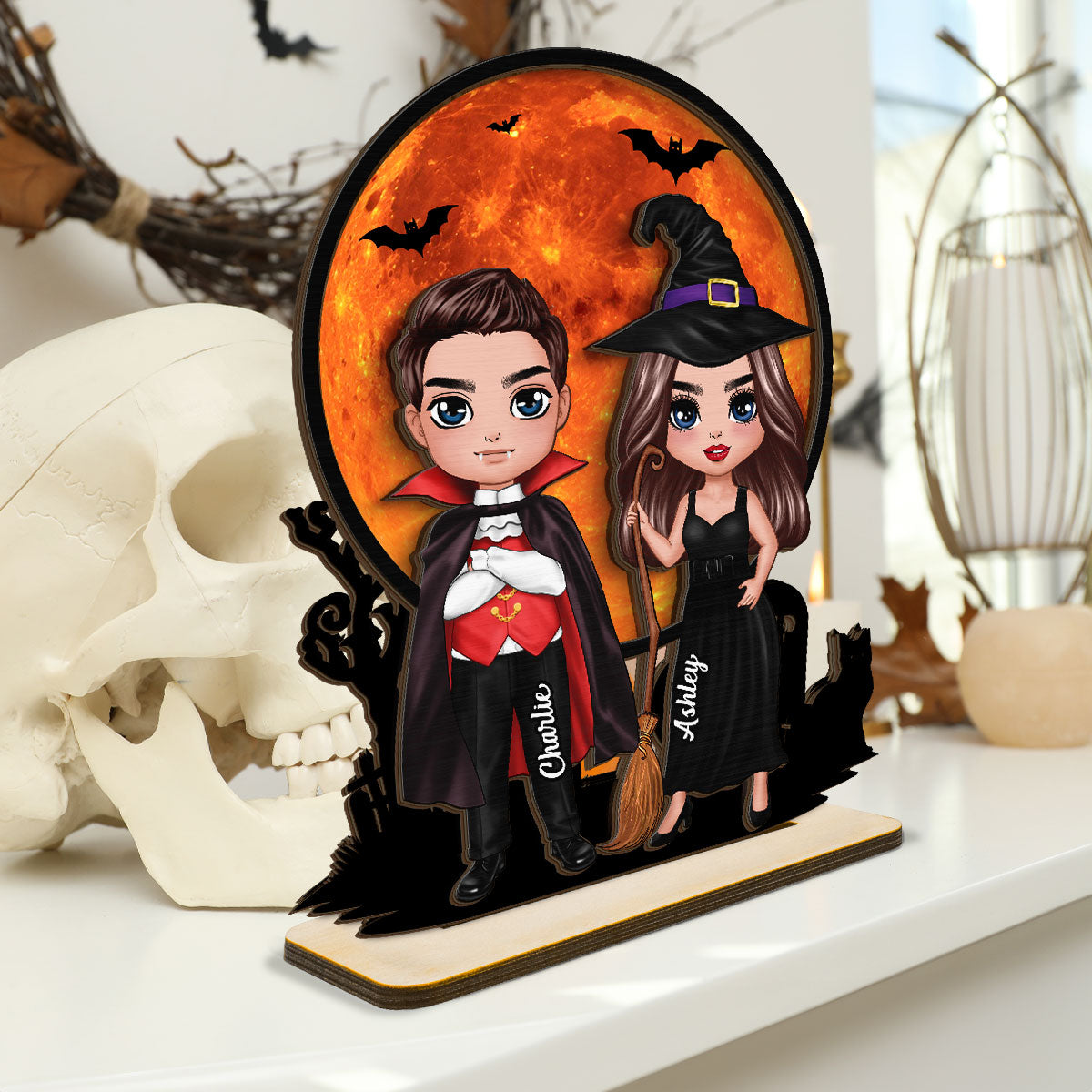 Couple Under Halloween Moon Tabletop Tier Tray Decor Personalized 2-Layer Standing Wooden Plaque