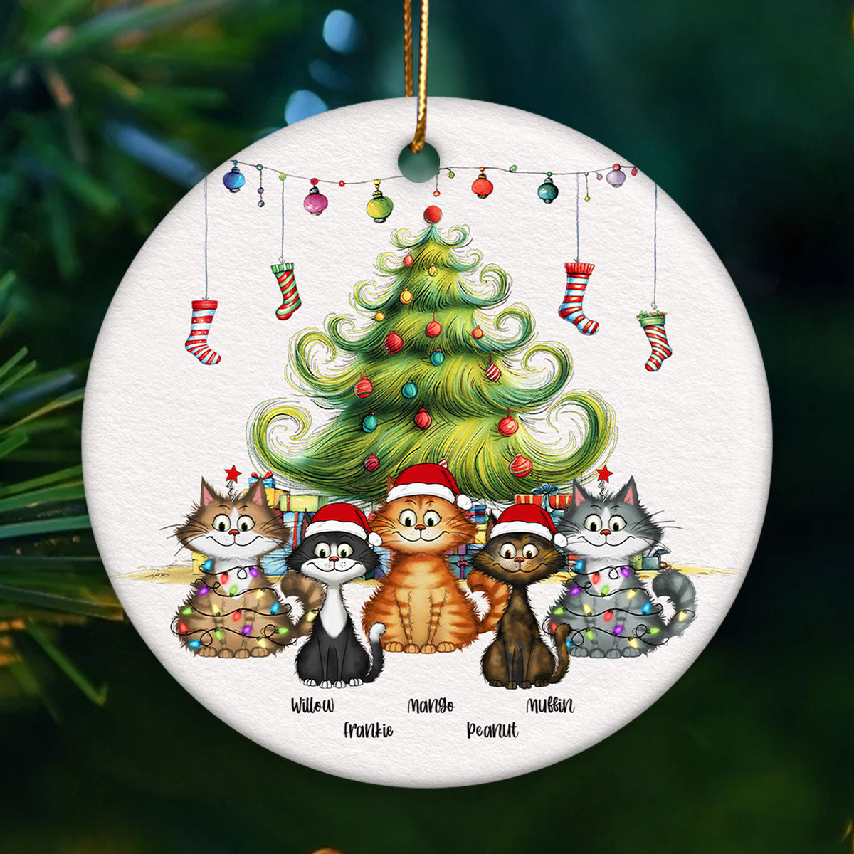 Quirky Christmas Tree Cats Whimsical Personalized Circle Ceramic Ornament