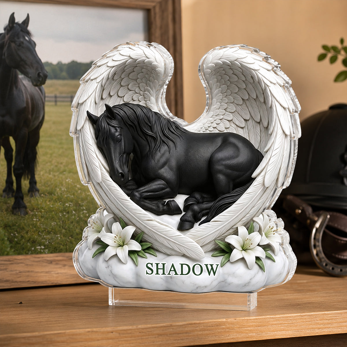 Custom Horse Angel Wings Statue - Personalized Acrylic Block Plaque - Heartfelt Pet Memorial Gift