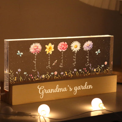 Grandma's Enchanted Garden Birth Month Flowers Personalized Acrylic Block LED Night Light, Gift